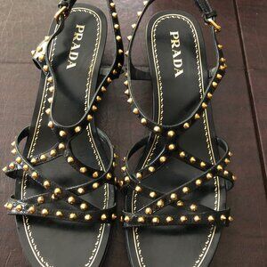 Prada Black Wedge Vernice Stud Sandals Size 40 US 9